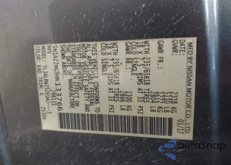 2017 Nissan Murano Sl from USA, damaged, VIN 5N1AZ2MG9HN133766